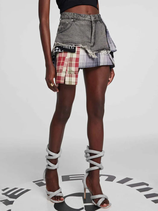 Raw Hem Denim Mini Skirt with Plaid Patch Details image 3