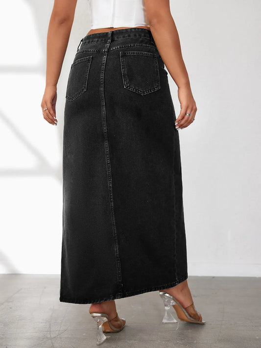 High Rise Slit Denim Midi Skirt image 3
