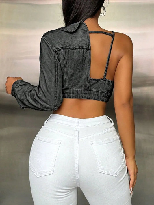One Shoulder Long Sleeve Cropped Denim Top image 3