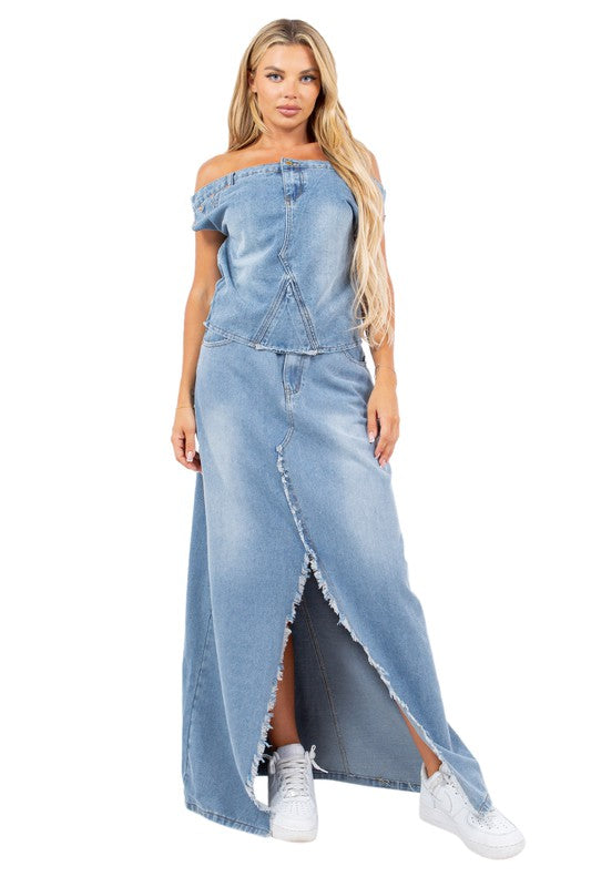 Off Shoulder Denim Top and Maxi Skirt Set image 2