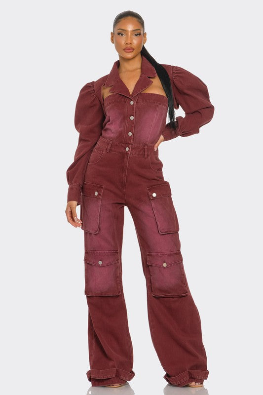 Vintage Inspired Utility Burgundy Jumpsuit image 2