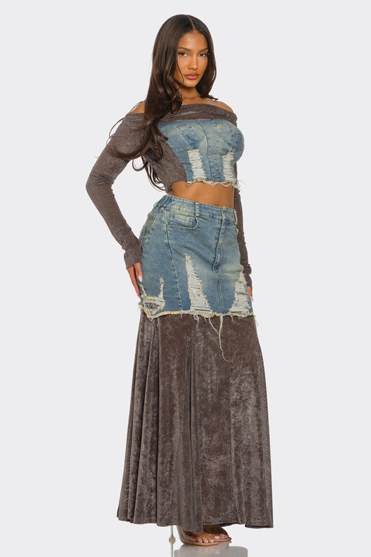 Velvet-Denim Fusion Maxi Skirt Set image 3