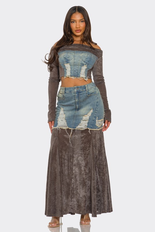 Velvet-Denim Fusion Maxi Skirt Set image 2