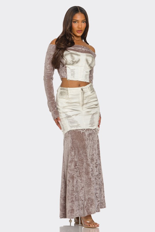 Velvet-Denim Fusion Maxi Skirt Set image 3