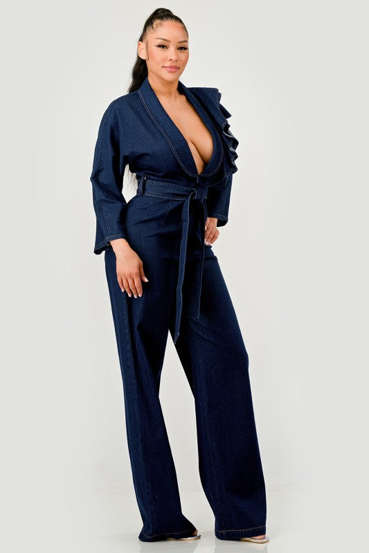 Plus Denim Ruffle Shoulder Jumpsuit image 3