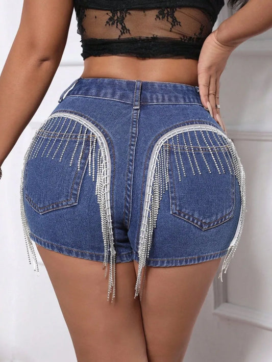Fringe Back Denim Shorts with Pockets image 2
