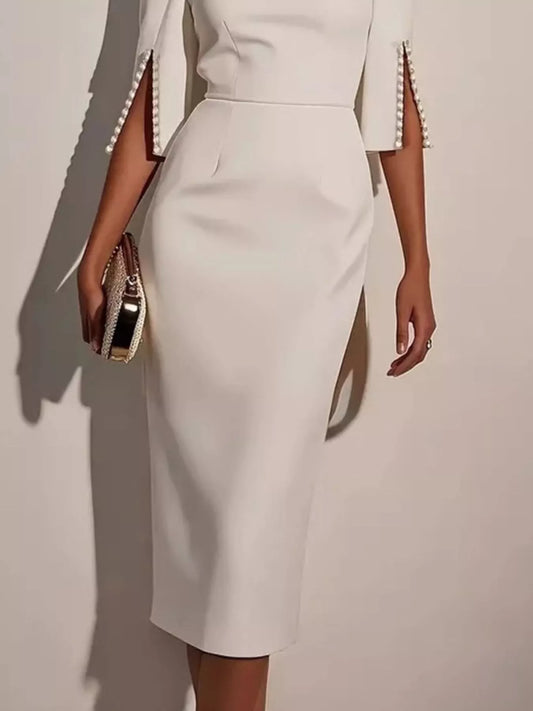 Slim-Fit Elegant Midi Dress with Beaded Slit Sleeve image 3
