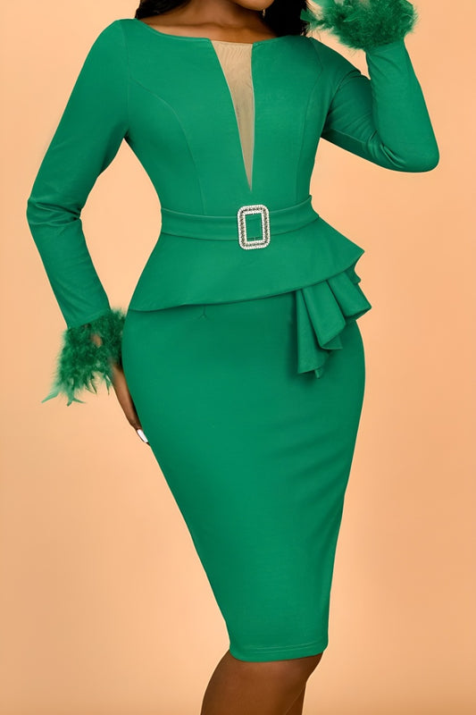 Emerald Elegance Feather Cuff Midi Dress image 2