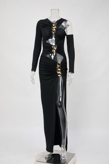 Sophisticated Plus Size Slight Stretch Pleated Maxi Dress with Bold Slit
