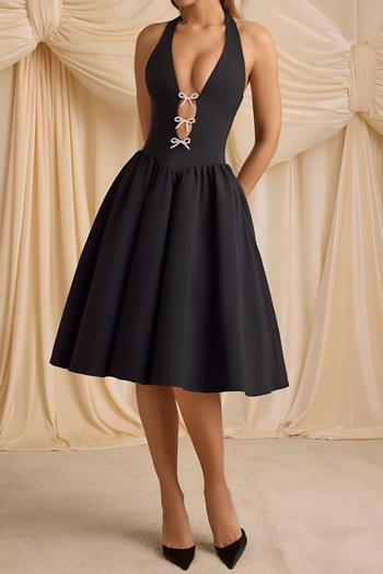 Stunning Black Deep V Halter Neck Midi Dress with Pearl Bows image 3