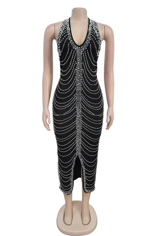 Halter Neck Sheer Slit Midi Dress with Chandelier Rhinestone Detail image 3