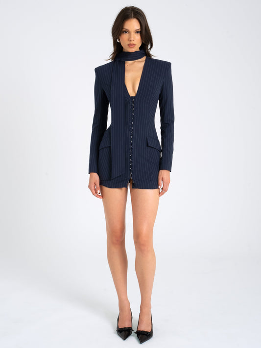 Tahlia Deep V Pinstripes Navy Blue Blazer Dress with scarf collar image 2