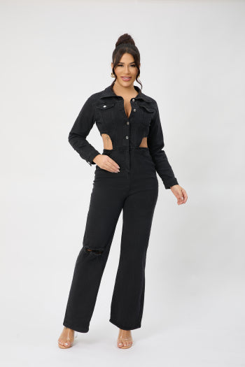 Black Cut-Out Denim Jumpsuit with Long Sleeves image 3