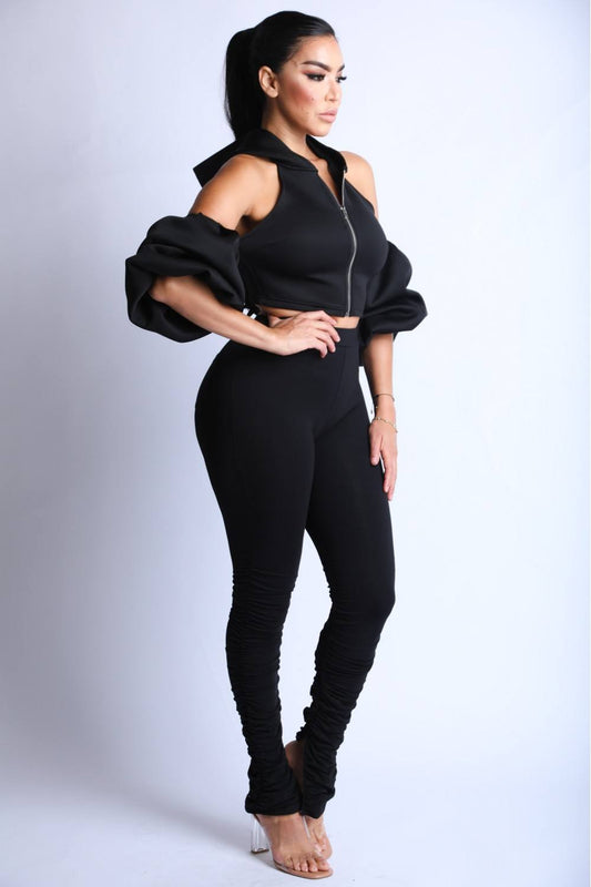 Backless Puff Sleeve Hoodie Set image 2