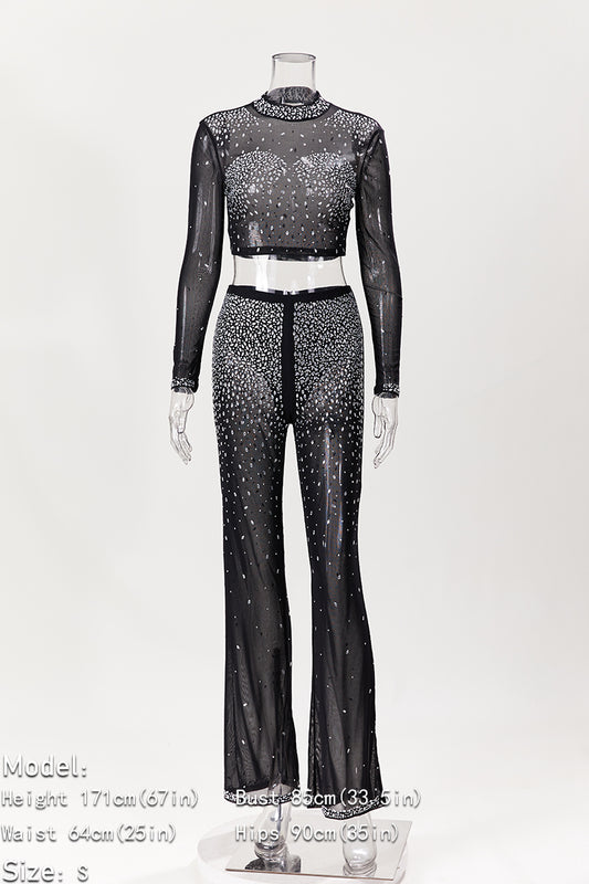 Photo Op Sheer Rhinestone Crop Top and Pants Set image 3