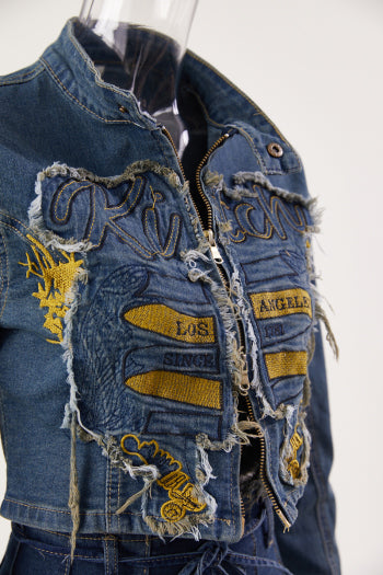 Embroidered Denim Jacket & Belted Mini Skirt Set image 3