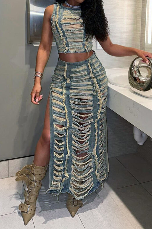 Distressed Denim Two-Piece Set – Sleeveless Crop Top & Maxi Skirt image 2