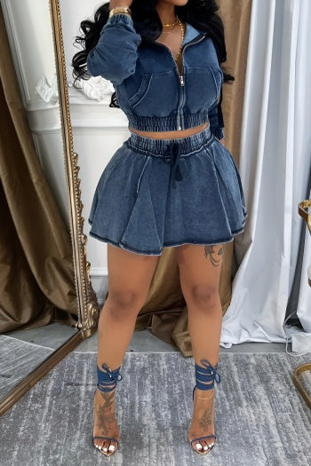 Hooded Denim Jacket Mini Skirt Set image 2
