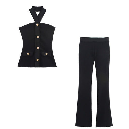 Gold Button Halter Top and Pants Two-Piece Set image 2