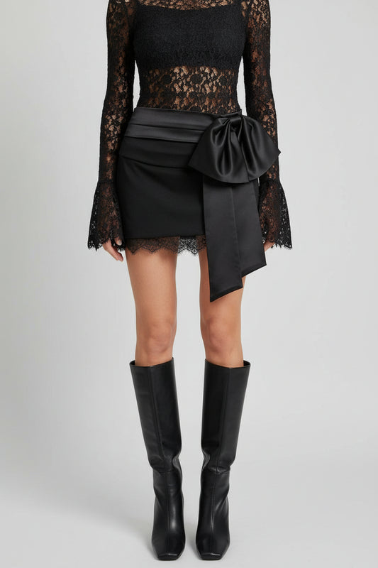 Lace Allure Bodysuit & Satin Bow Mini Skirt Set image 3