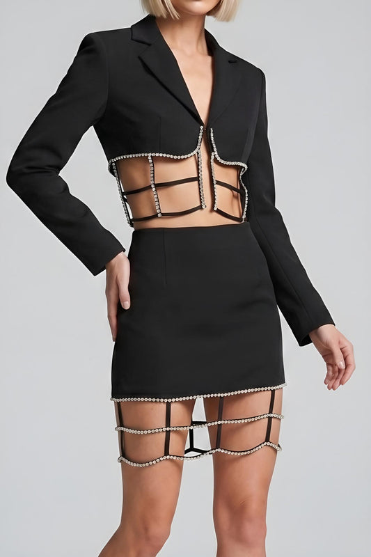 Rhinestone Decor Cut-Out Blazer Mini Skirt Set image 3