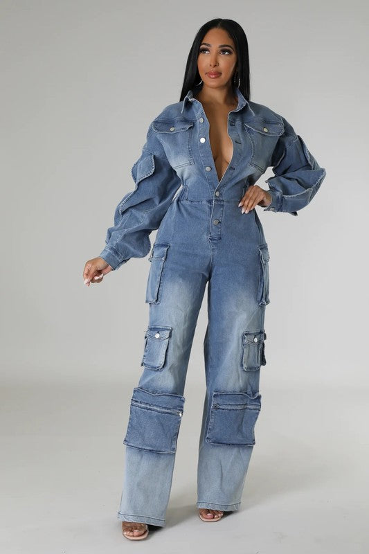 Denim Cargo Ruffle Sleeve Jumpsuit (Belt not included) image 2