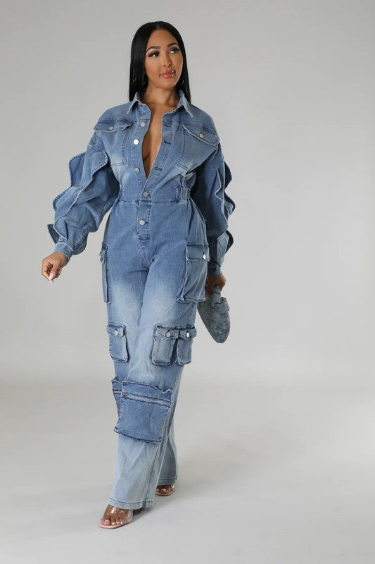 Denim Cargo Ruffle Sleeve Jumpsuit (Belt not included) image 3