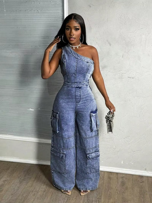 One-Shoulder Cargo Denim Jumpsuit image 2