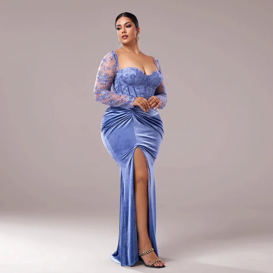 Plus-Size Baby Blue Velvet Maxi Dress image 3
