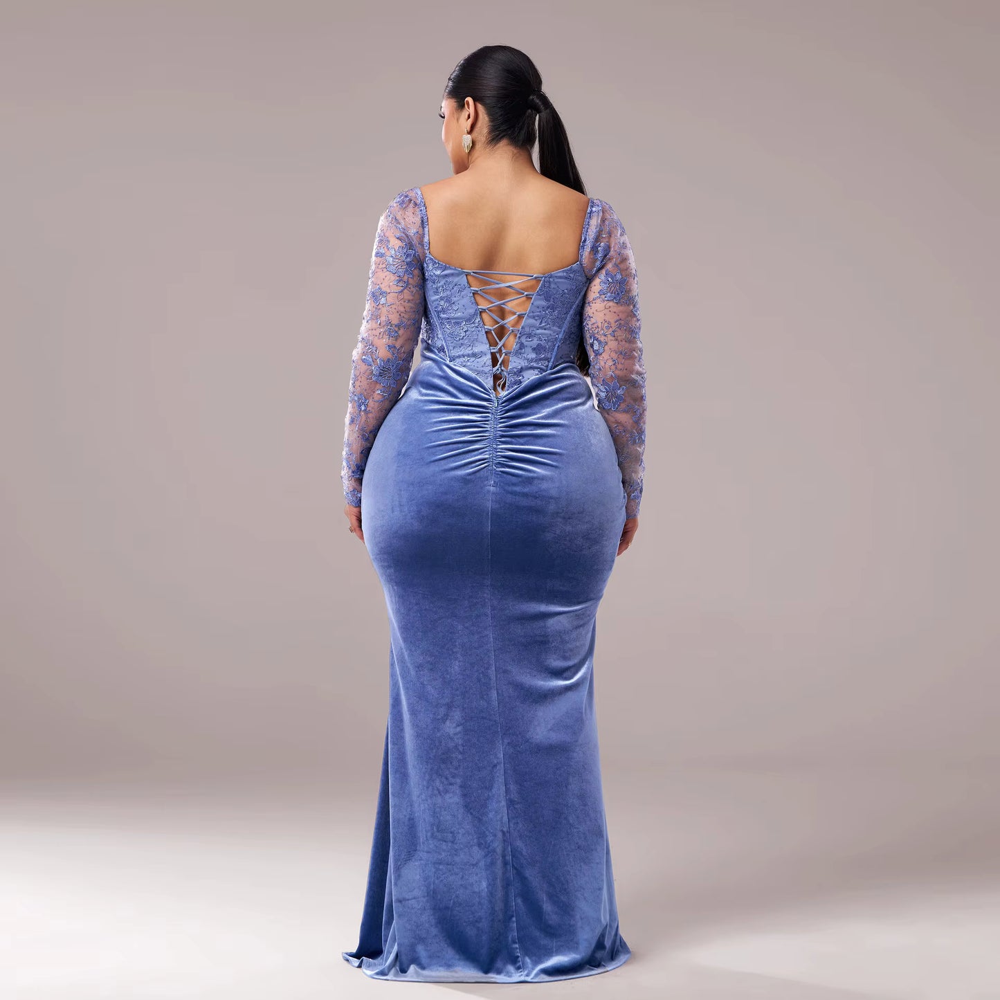 Plus size baby blue velvet maxi dress made from soft luxury velvet –back view