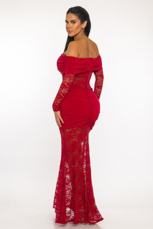 Off-the-Shoulder Shirred Lace Maxi Dress image 3