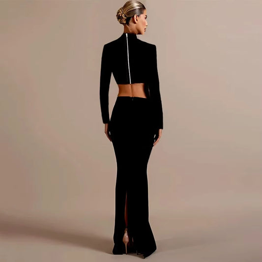 Rhinestone Stripe Crop Top High Slit Maxi Skirt Set image 2