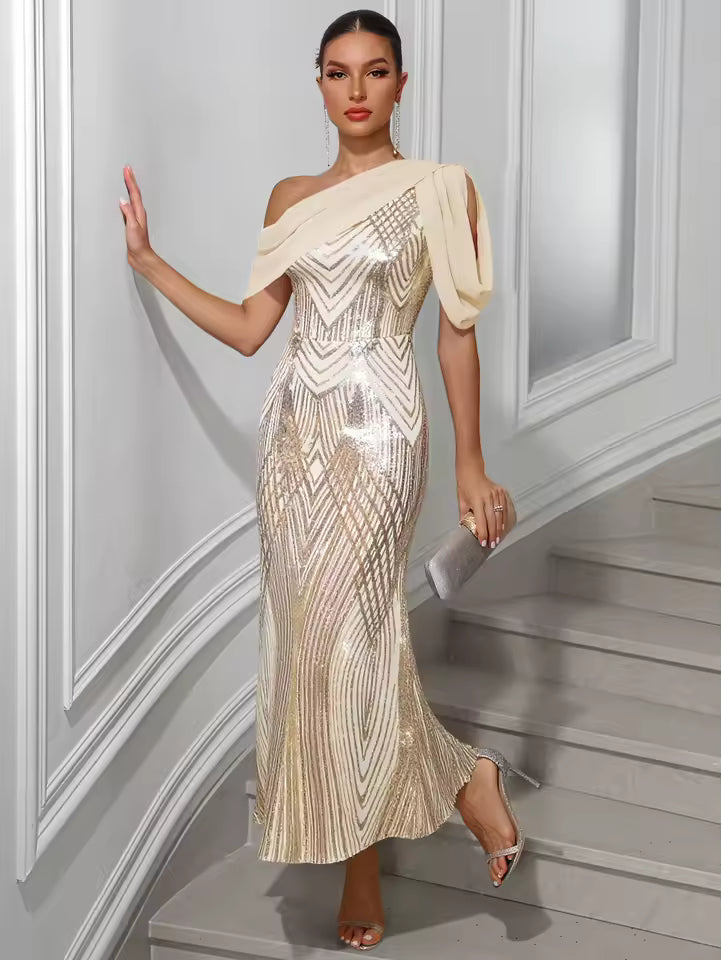 One-Shoulder Sequin Chiffon Maxi Dress