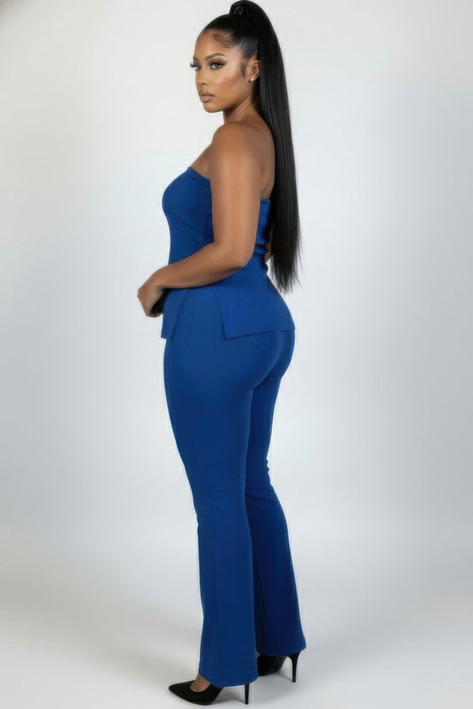 Plus Size Ultra-fine Ribbed Slit Tube Top & High-waist Flare Pants Set image 2