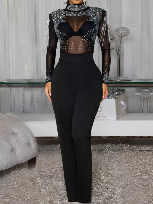 Rhinestone Embellished Mesh Long Sleeve Jumpsuit image 2