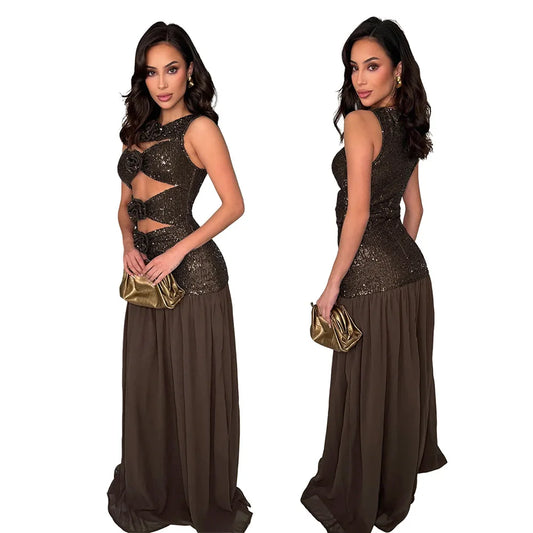 Brown Rose Embellished Maxi Dress image 3