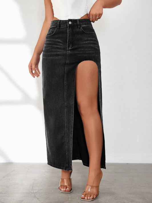 High Rise Slit Denim Midi Skirt image 2