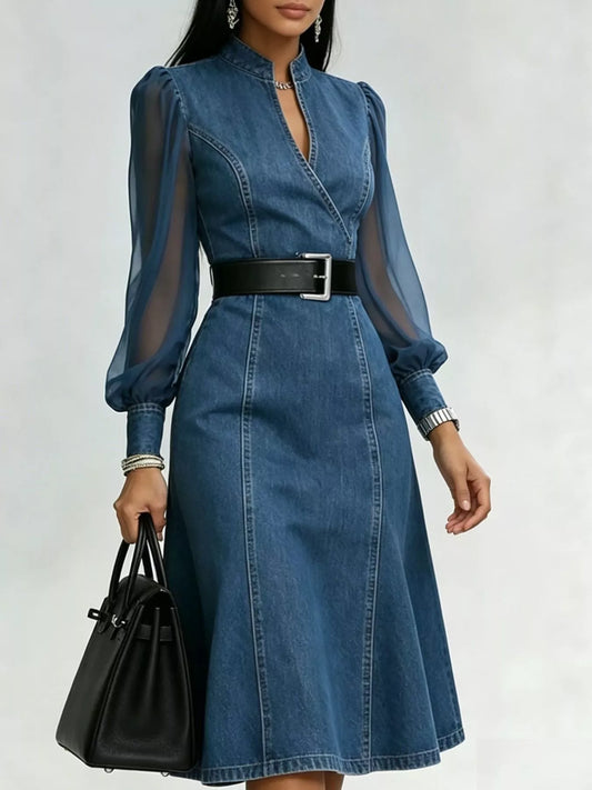 Denim Midi Dress with Sheer Sleeves image 2