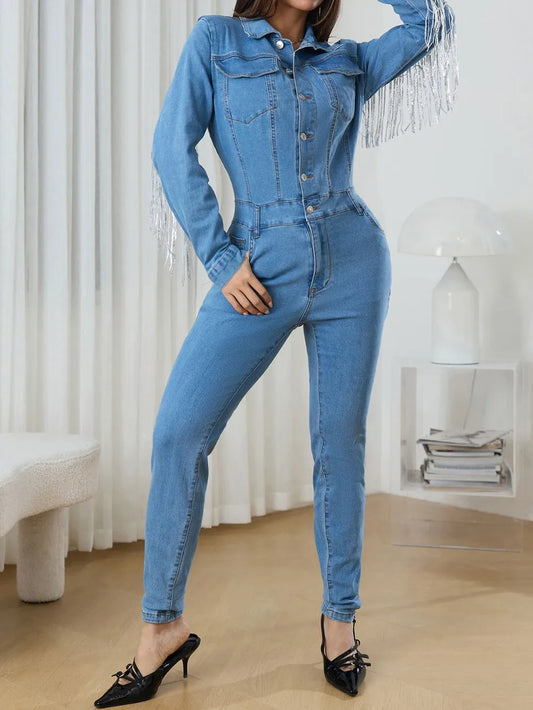 Fringe Half Button Long Sleeve Denim Jumpsuit image 3
