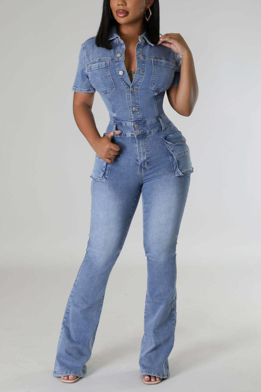 On A Mission Short Sleeve Cargo Denim Jumpsuit image 3