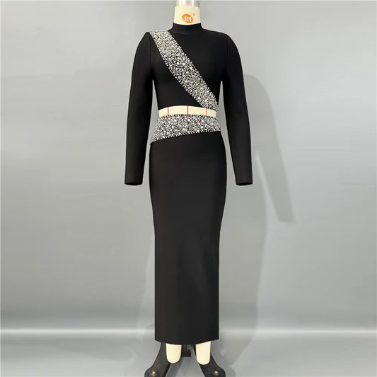 Rhinestone Stripe Crop Top High Slit Maxi Skirt Set image 3