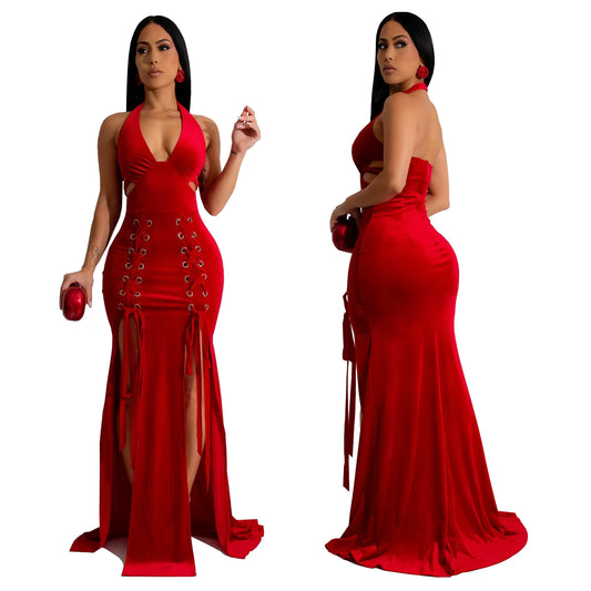 Velvet Halter Neck Double Split Maxi Dress image 3