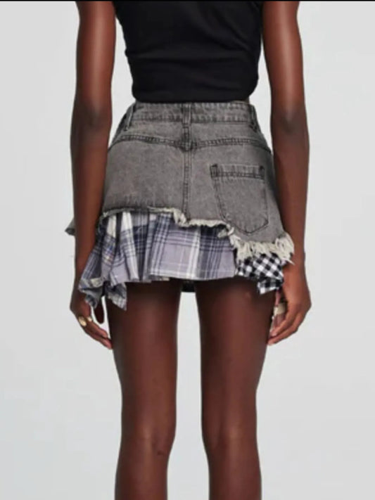 Raw Hem Denim Mini Skirt with Plaid Patch Details image 2