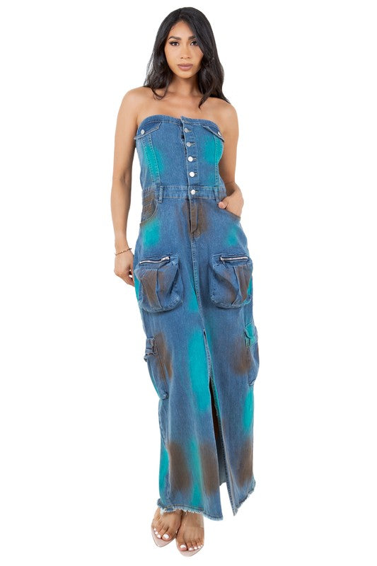 Tube Top Button Denim Maxi Dress image 2