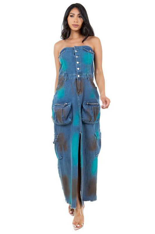 Tube Top Button Denim Maxi Dress image 3
