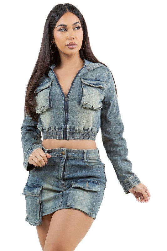 Hooded Crop Denim Jacket and Mini Skirt Set image 3