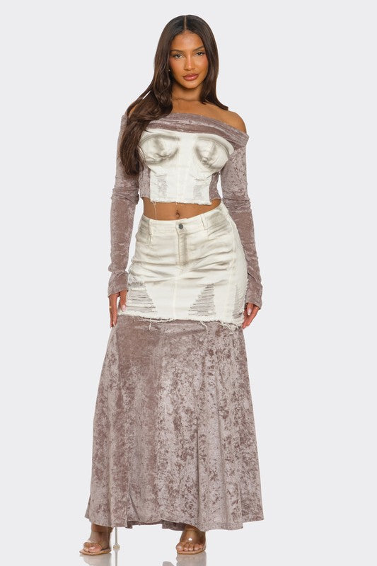 Velvet-Denim Fusion Maxi Skirt Set image 2