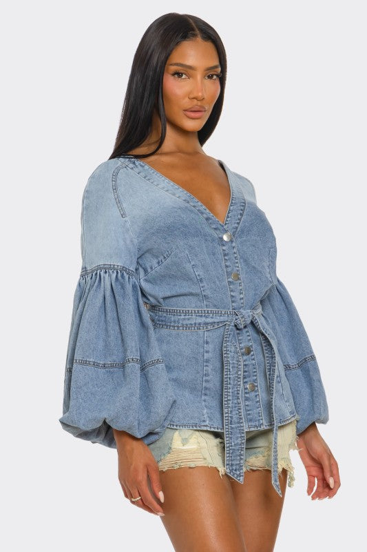 Denim Muse Puff Sleeve Button-Up Top image 3