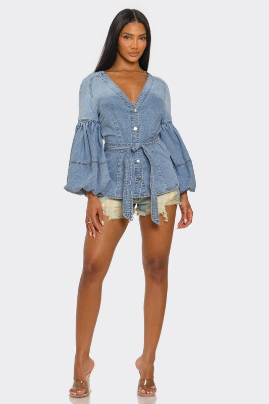 Denim Muse Puff Sleeve Button-Up Top image 2