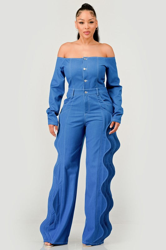 Off-Shoulder Wave Detail Denim Jumpsuit image 2